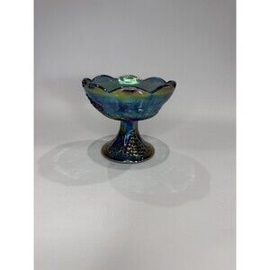 Carnival Indiana Glass Blue Iridescent Grape Leaf Pedestal Compote Bowl MCM VTG